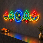 Multicolour Peacock Neon Light with Diyas & Feather Design