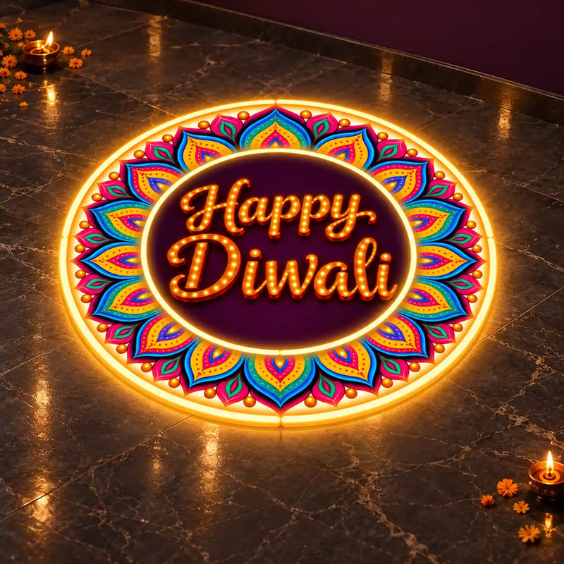 Multicolour Rangoli Neon Light with Happy Diwali Text for Home, Mandir & Shop Décor
