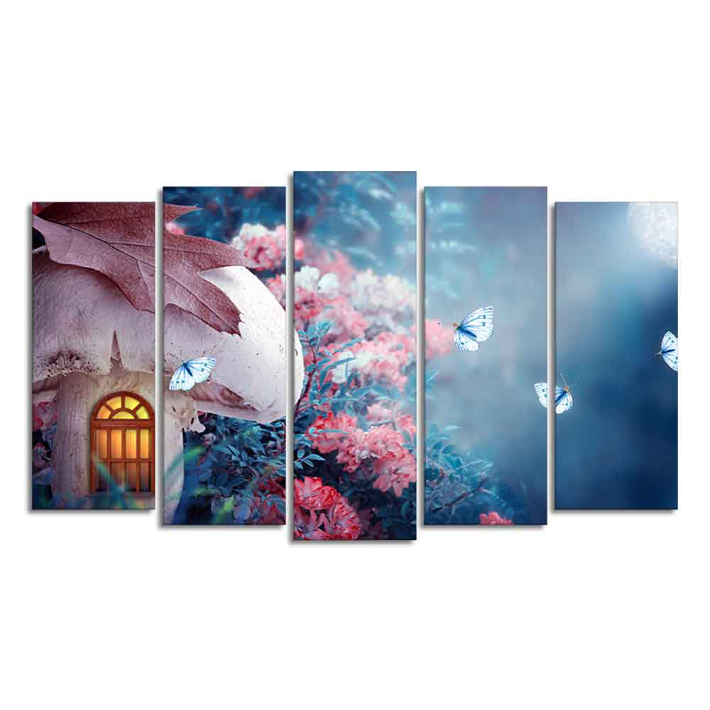 Mushroom House in Enchanted Fairy Tale Forest Wall Painting of Five Pieces