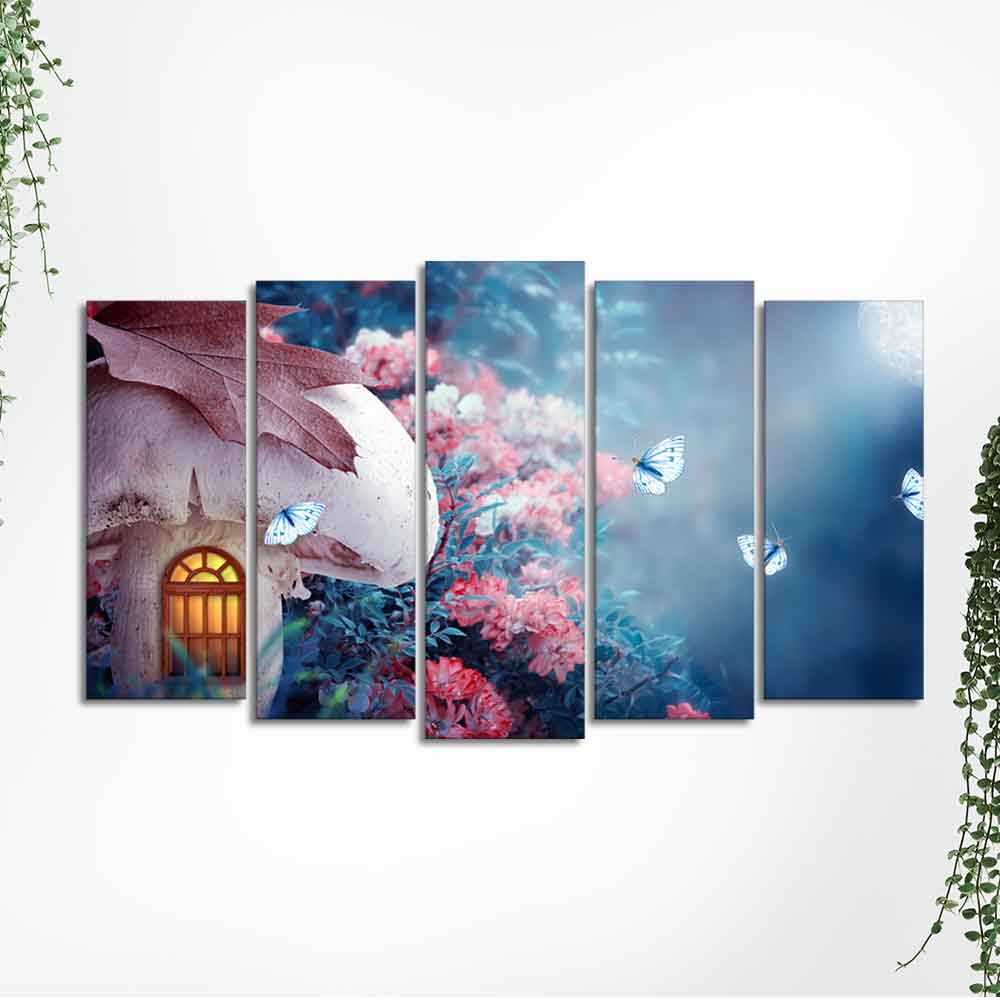 Mushroom House in Enchanted Fairy Tale Forest Wall Painting of Five Pieces