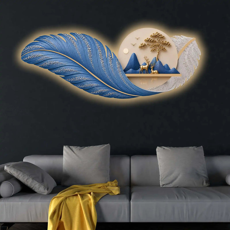 Mystic Blue Feather & Golden Deer Crystal Glass Backlit LED Painting
