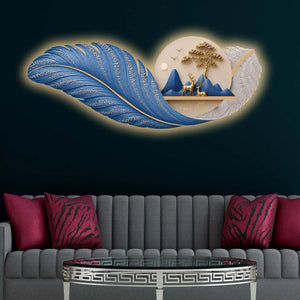 Mystic Blue Feather & Golden Deer Crystal Glass Backlit LED Wall Art