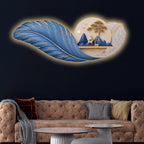 Mystic Blue Feather & Golden Deer Crystal Glass Backlit LED Wall Art