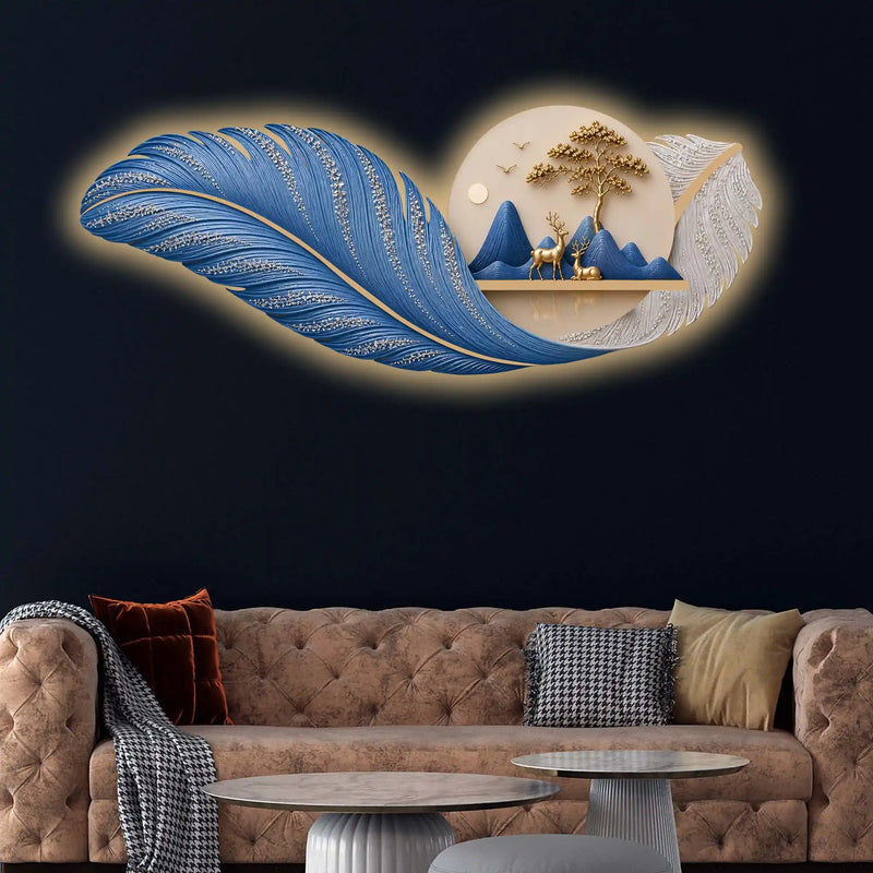 Mystic Blue Feather & Golden Deer Crystal Glass Backlit LED Wall Art