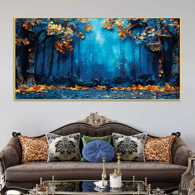 mystic-blue-forest-golden-autumn-leaves-abstract-canvas-wall-painting