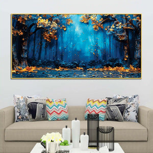 Mystic Blue Forest Golden Autumn Leaves Abstract Canvas Wall Painting