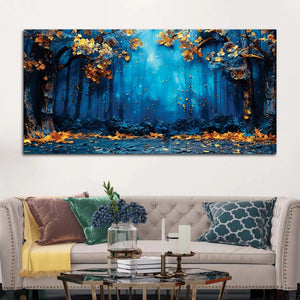 Mystic Blue Forest Golden Autumn Leaves Abstract Canvas Wall Painting