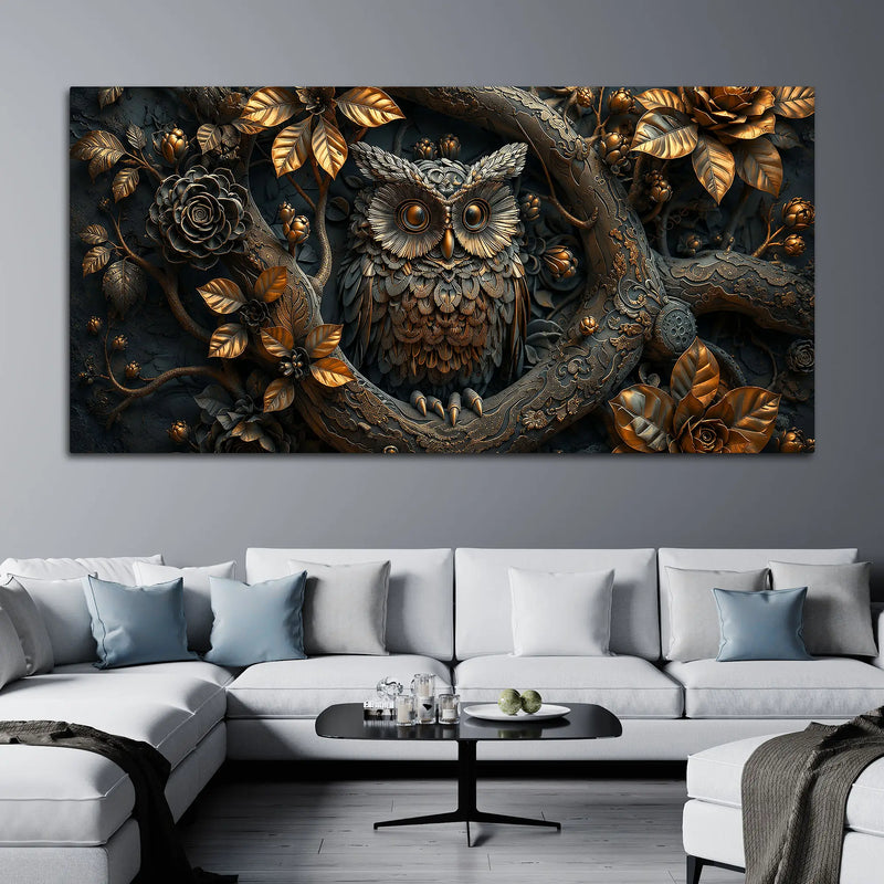 Mystic Bronze Owl in Enchanted Forest 3D Canvas Wall Painting