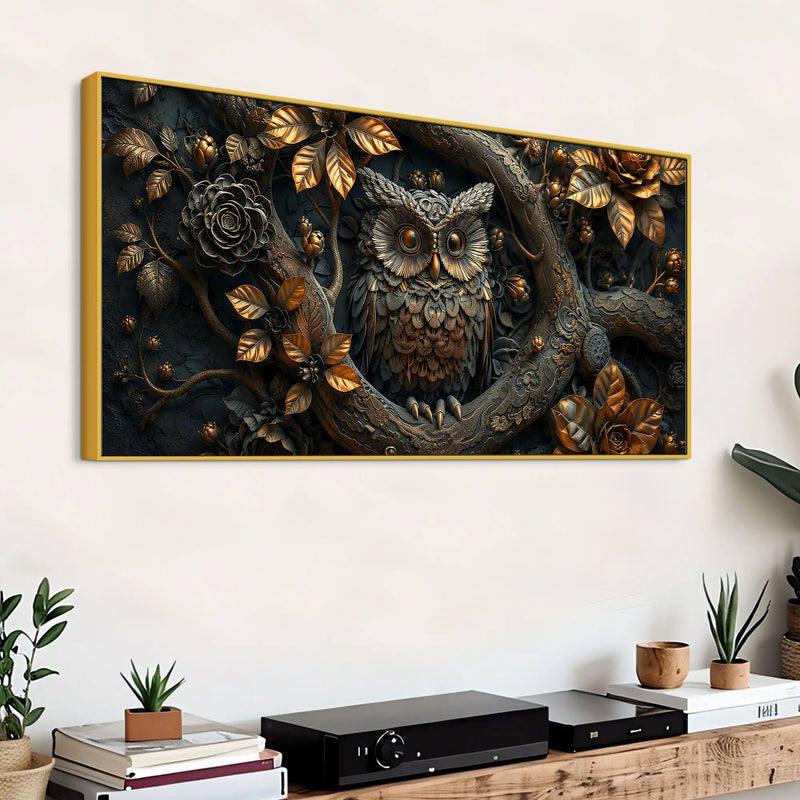 Mystic Bronze Owl in Enchanted Forest 3D Canvas Wall Painting