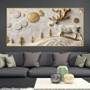 Mystic Golden Deer with Celestial Moon 3D Canvas Wall Painting