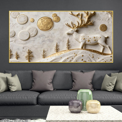 Mystic Golden Deer with Celestial Moon 3D Canvas Wall Painting