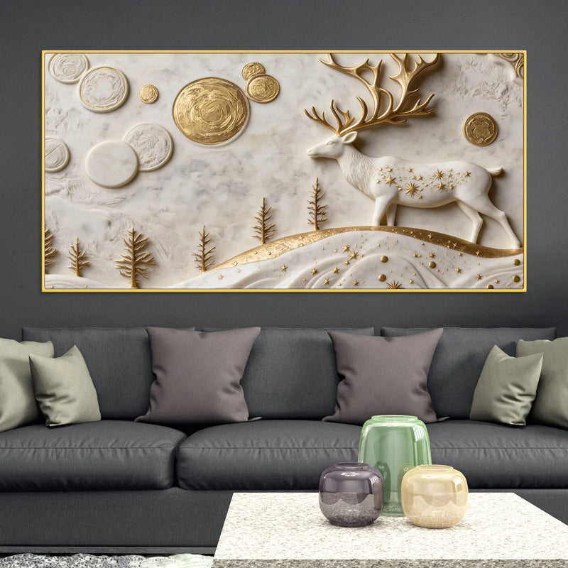 Mystic Golden Deer with Celestial Moon 3D Canvas Wall Painting