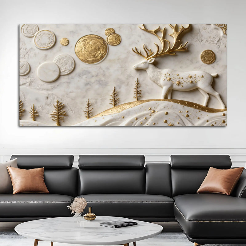 Mystic Golden Deer with Celestial Moon 3D Canvas Wall Painting