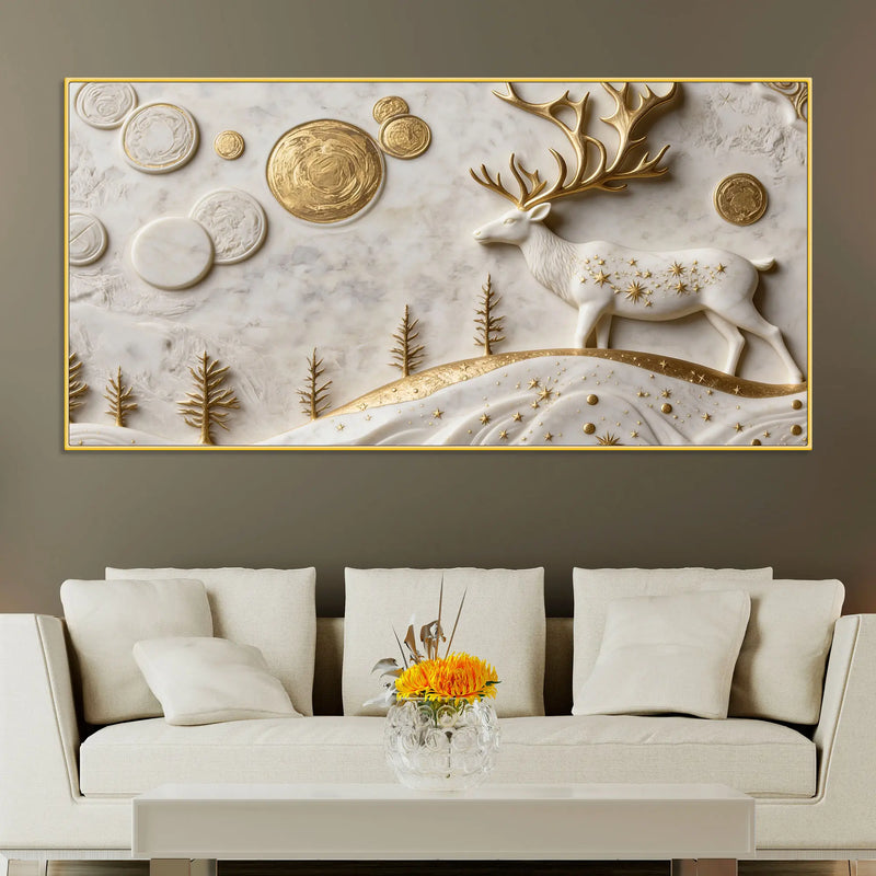 Mystic Golden Deer with Celestial Moon 3D Canvas Wall Painting