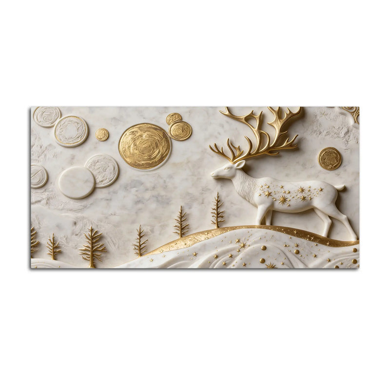 Mystic Golden Deer with Celestial Moon 3D Canvas Wall Painting