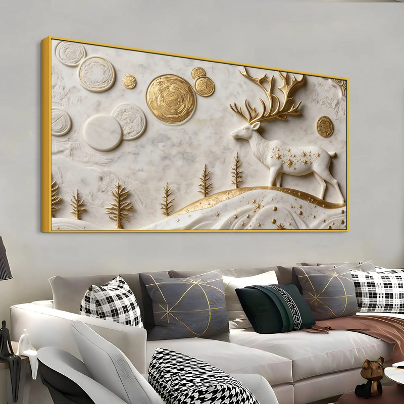 Mystic Golden Deer with Celestial Moon 3D Canvas Wall Painting