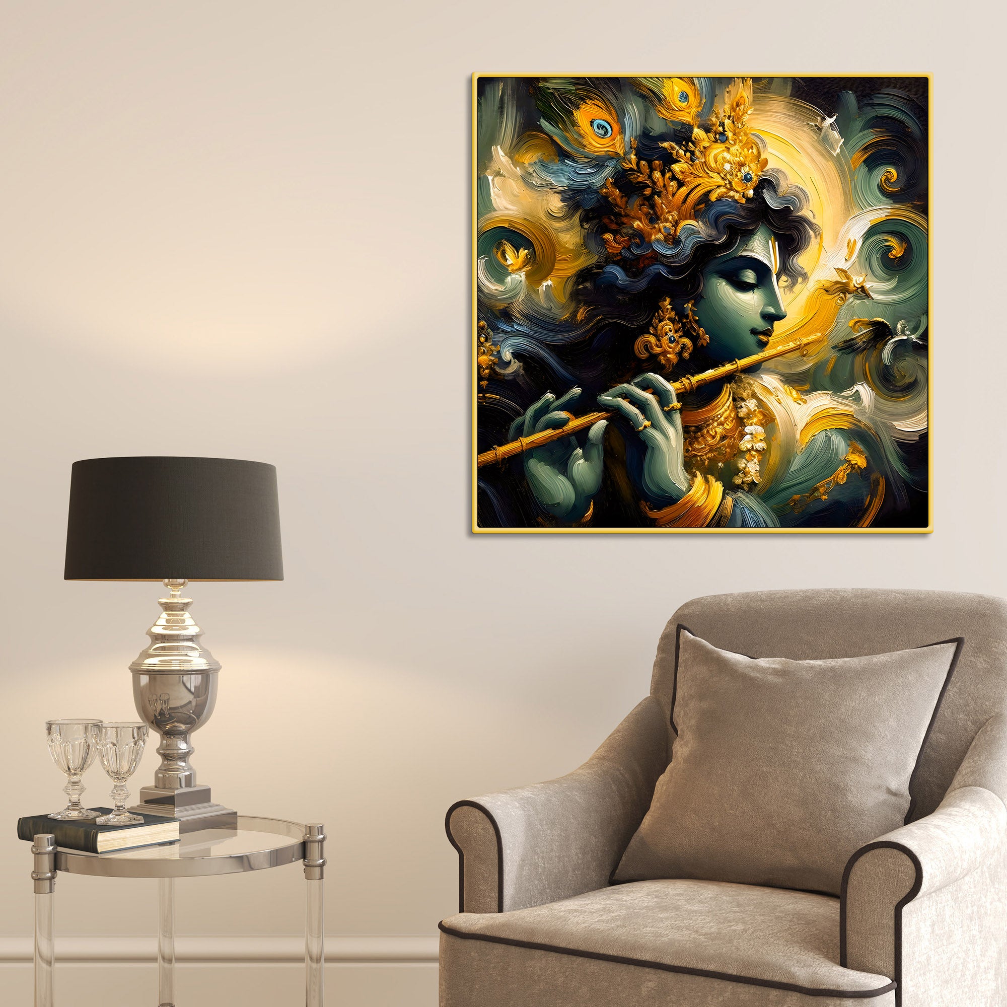 Mystic Shri Krishna Flute Theme Abstract Canvas Wall Painting