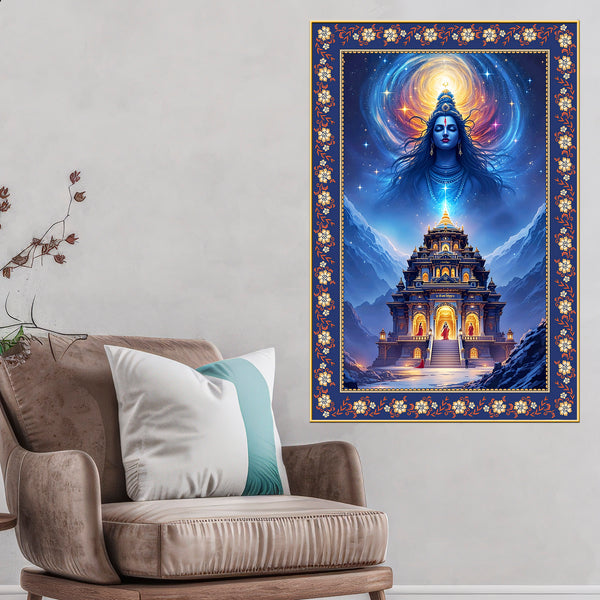 Mystical Himalayan Mandir with Shiva Floral Border Vertical Wall Painting