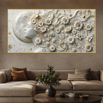 Mystical Moonlit Woman with Floral Hair 3D Canvas Wall Painting