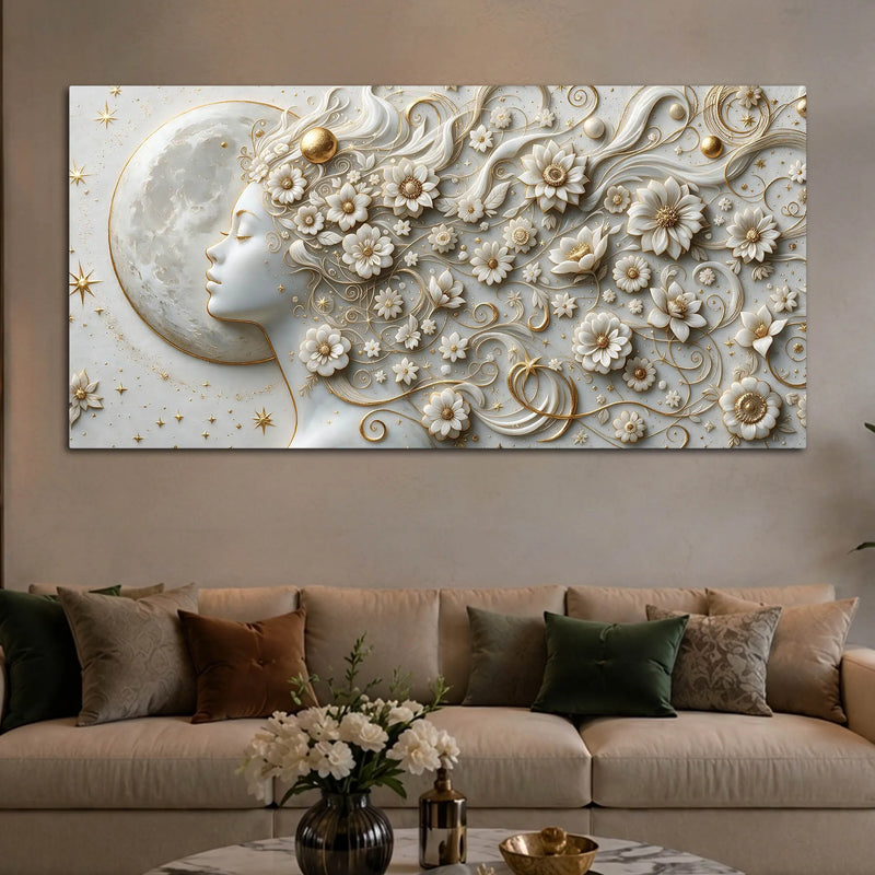 Mystical Moonlit Woman with Floral Hair 3D Canvas Wall Painting