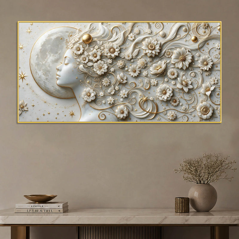 Mystical Moonlit Woman with Floral Hair 3D Canvas Wall Painting