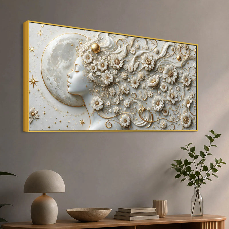 Mystical Moonlit Woman with Floral Hair 3D Canvas Wall Painting