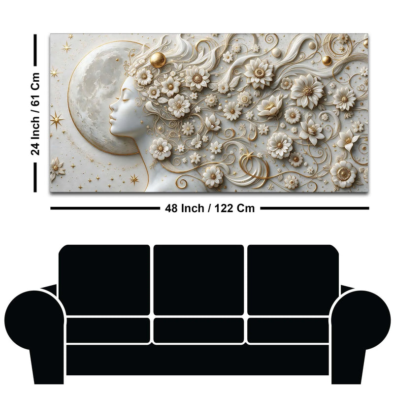 Mystical Moonlit Woman with Floral Hair 3D Canvas Wall Painting