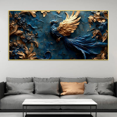 Mythical Blue Phoenix with Golden Wings 3D Canvas Wall Painting