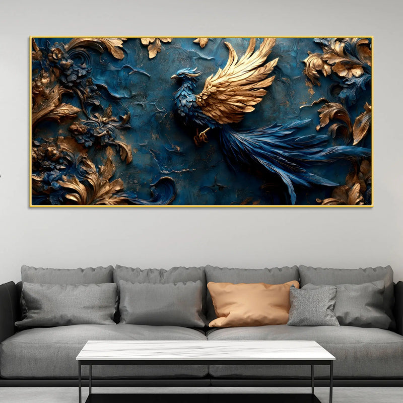 Mythical Blue Phoenix with Golden Wings 3D Canvas Wall Painting