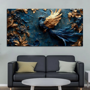 Mythical Blue Phoenix with Golden Wings 3D Canvas Wall Painting