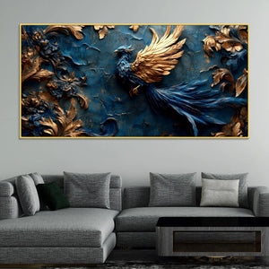 Mythical Blue Phoenix with Golden Wings 3D Canvas Wall Painting