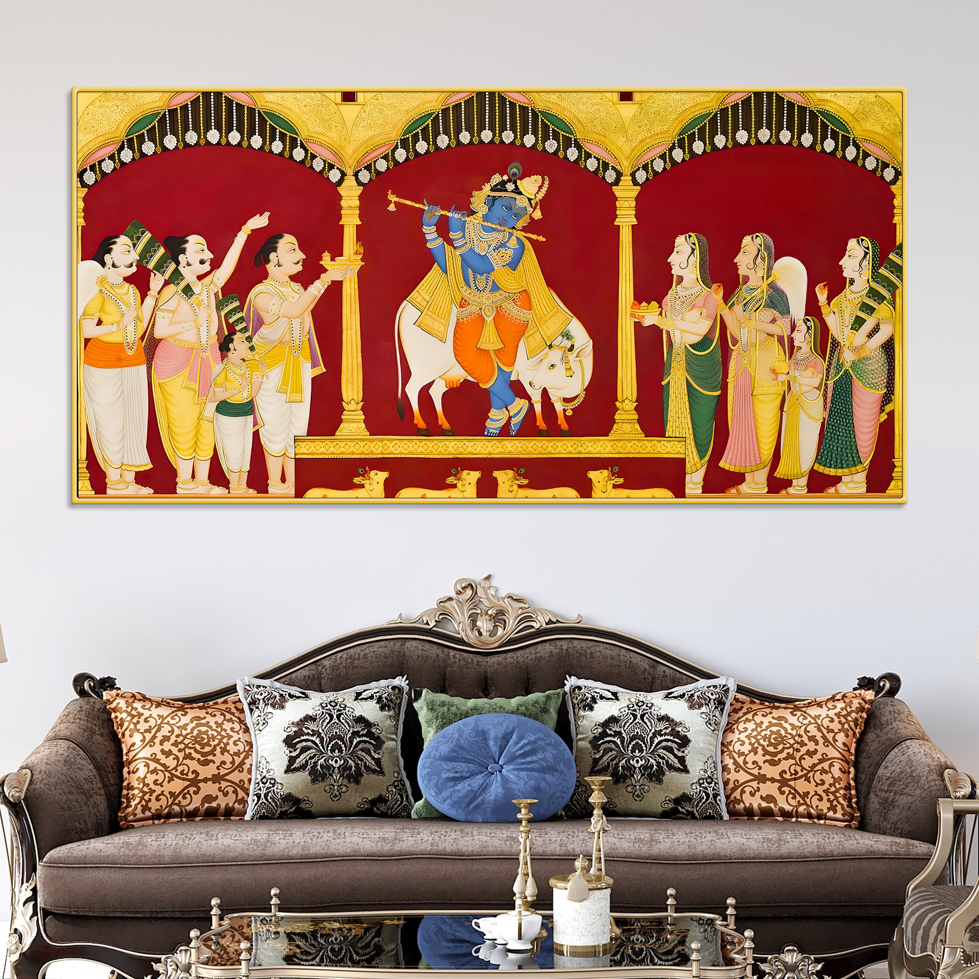 Mythological Krishna Wall Painting | Spiritual Living Room Decor