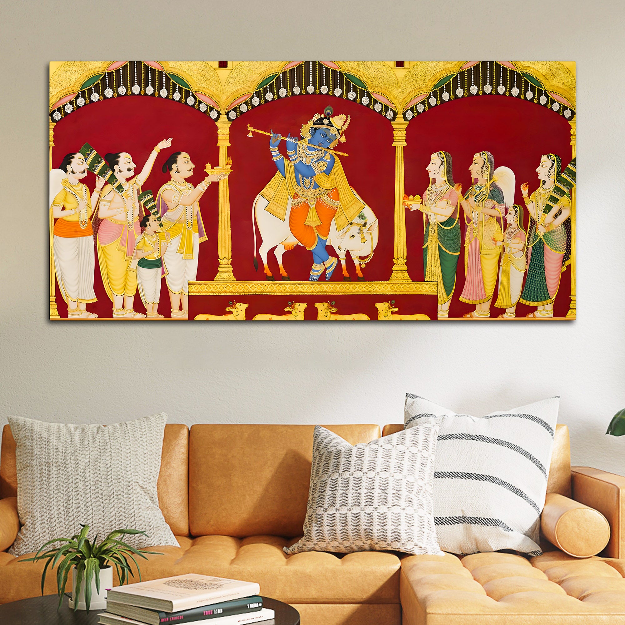Mythological Krishna Wall Painting | Spiritual Living Room Decor
