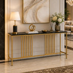 Narrow Long Faux Black Marble Gold Console Table