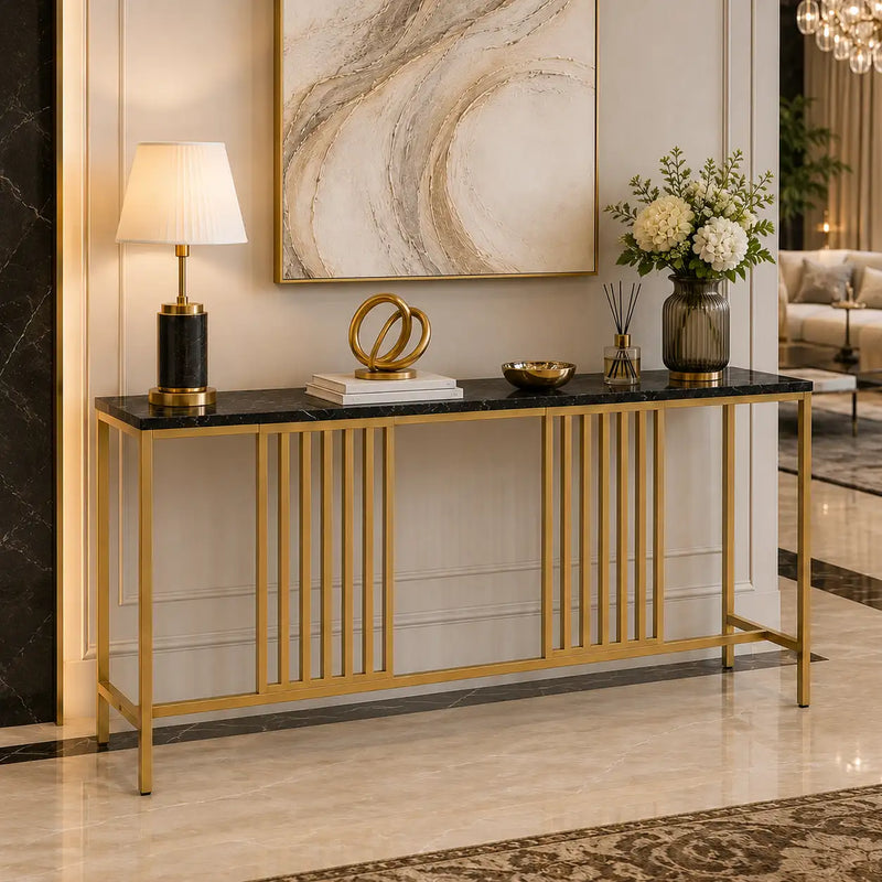 Narrow Long Faux Black Marble Gold Console Table