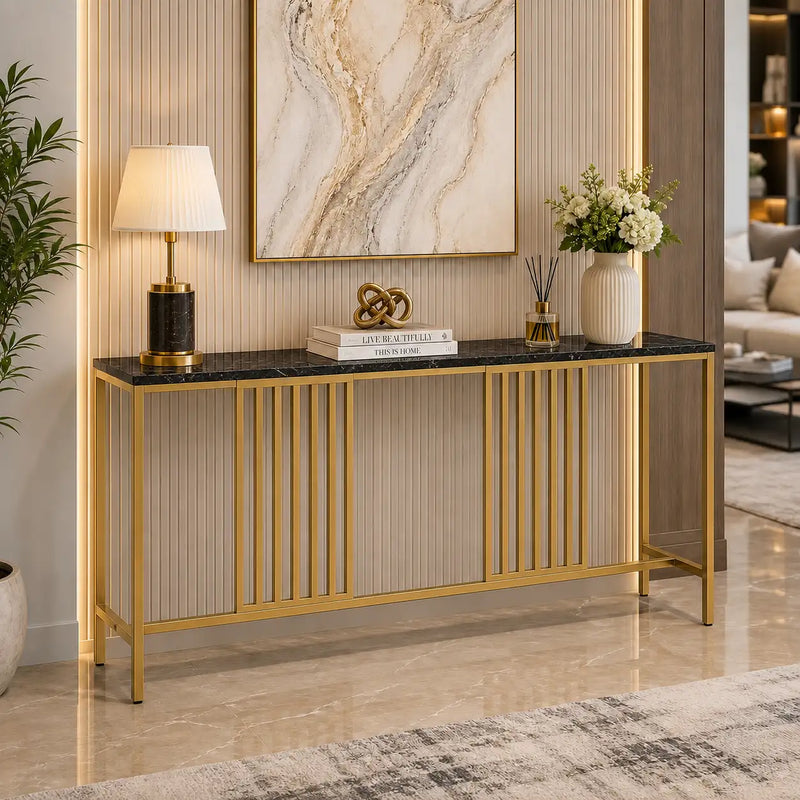 Narrow Long Faux Black Marble Gold Console Table