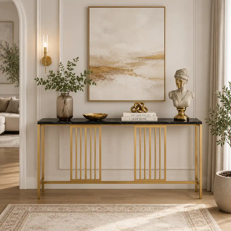 Narrow Long Faux Black Marble Gold Console Table