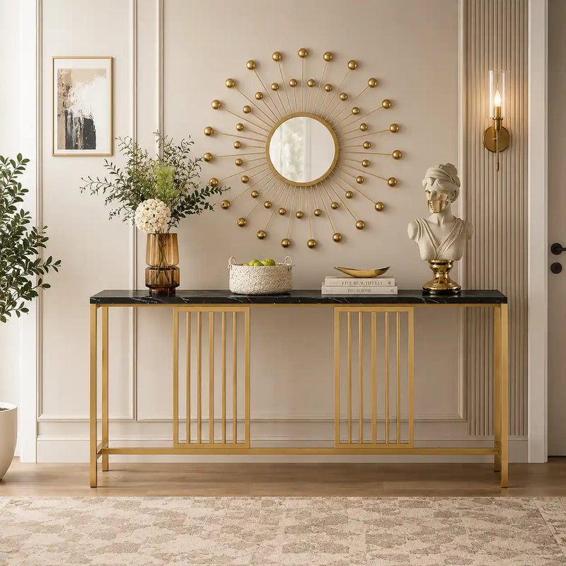 Narrow Long Faux Black Marble Gold Console Table