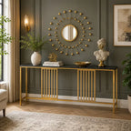 Narrow Long Faux Black Marble Gold Console Table