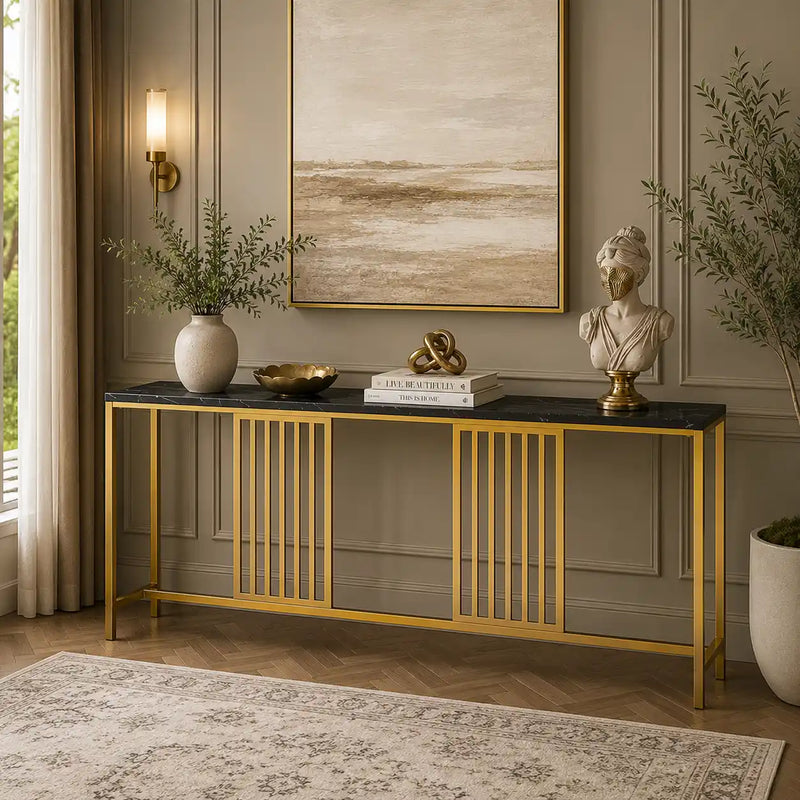 Narrow Long Faux Black Marble Gold Console Table