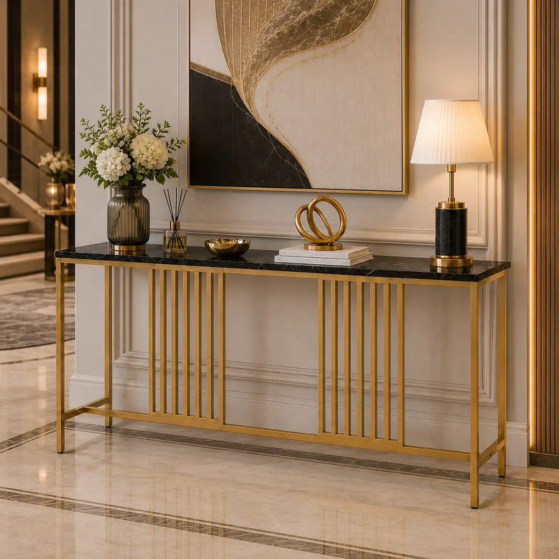 Narrow Long Faux Black Marble Gold Console Table