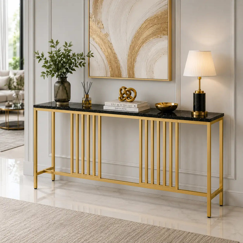 Narrow Long Faux Black Marble Gold Console Table