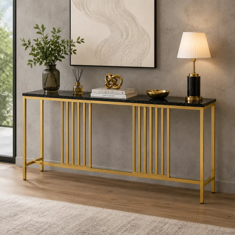 Narrow Long Faux Black Marble Gold Console Table