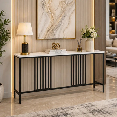 Narrow Long Faux White Marble Black Console Table