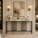 Narrow Long Faux White Marble Black Console Table