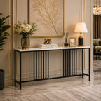 Narrow Long Faux White Marble Black Console Table