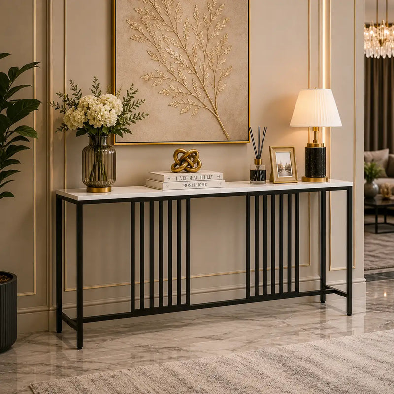 Narrow Long Faux White Marble Black Console Table