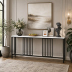 Narrow Long Faux White Marble Black Console Table