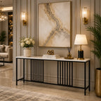 Narrow Long Faux White Marble Black Console Table