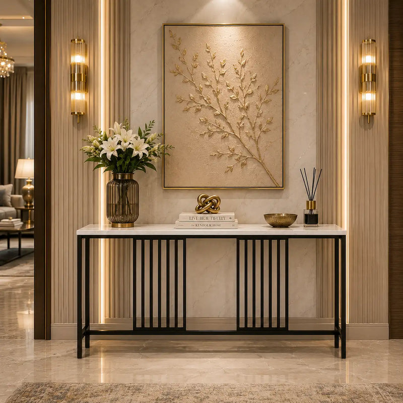 Narrow Long Faux White Marble Black Console Table